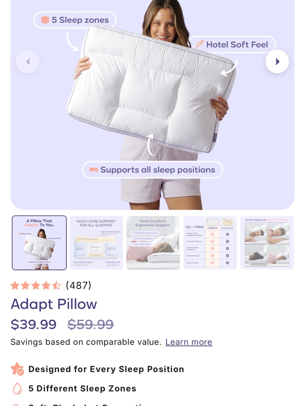 Adapt Pillow - White Support Pillow for All Sleep Positions